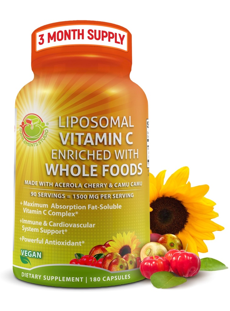 Vitamina C Liposomal Capsule - 1500mg - Realizzati con Ciliegie Acerola Organiche & Camu Camu, Vitamina C Liposomal ad alta potenza - Integratore di Supporto Immune, Assorbimento potenziato & Biodisponibilità - 180 Conta