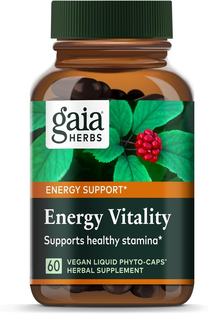 Gaia Herbs Energy Vitality - Integratore di supporto energetico per mantenere livelli di energia sana e stress - con Ginkgo, Ginseng, tè verde e ortica* - 60 Vegan Liquid Phyto-Capsules (20-Day Supply)
