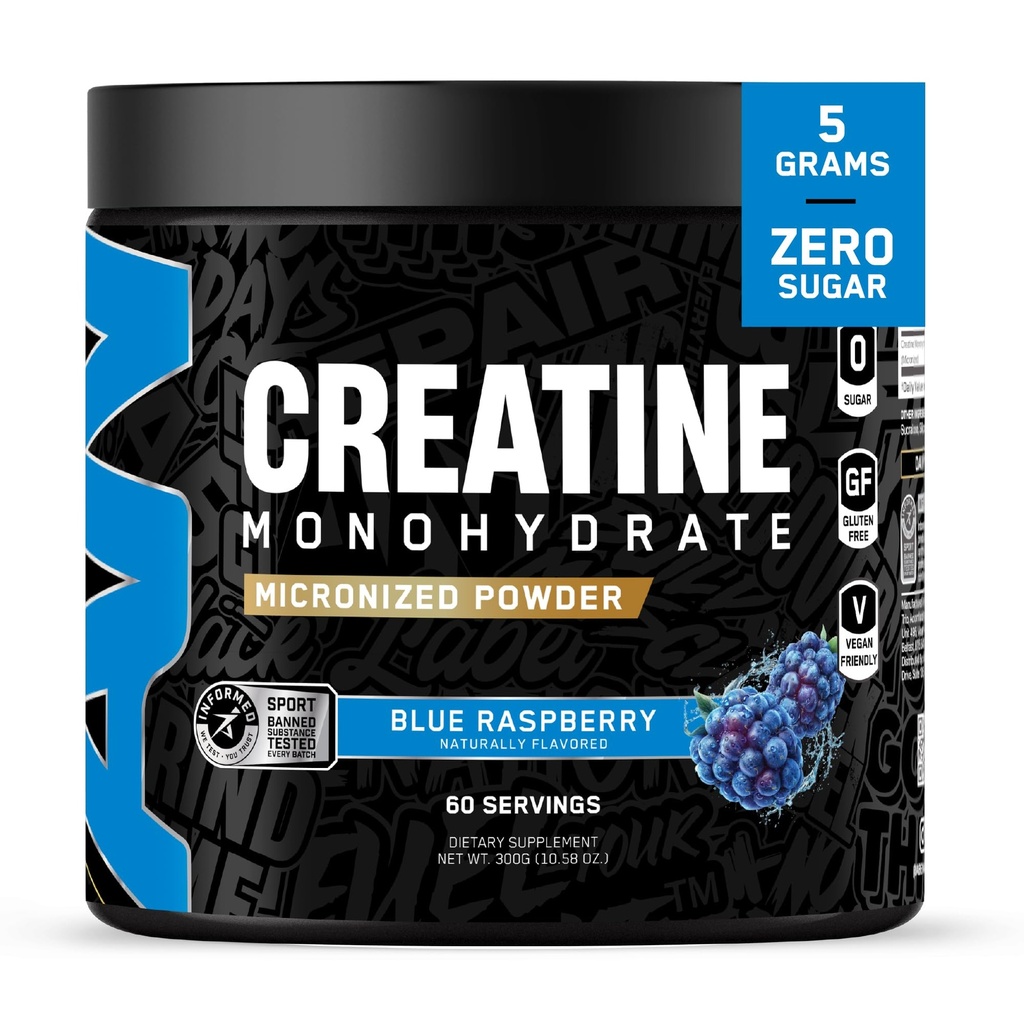 Tutto nero Creatina Monhydrate | 60 Serve | Blu Razz | Polvere micronizzata aminoacido | Muscoli di supporto | Energia cellulare | Funzione cognitiva | Gluten-Free e Keto Friendly