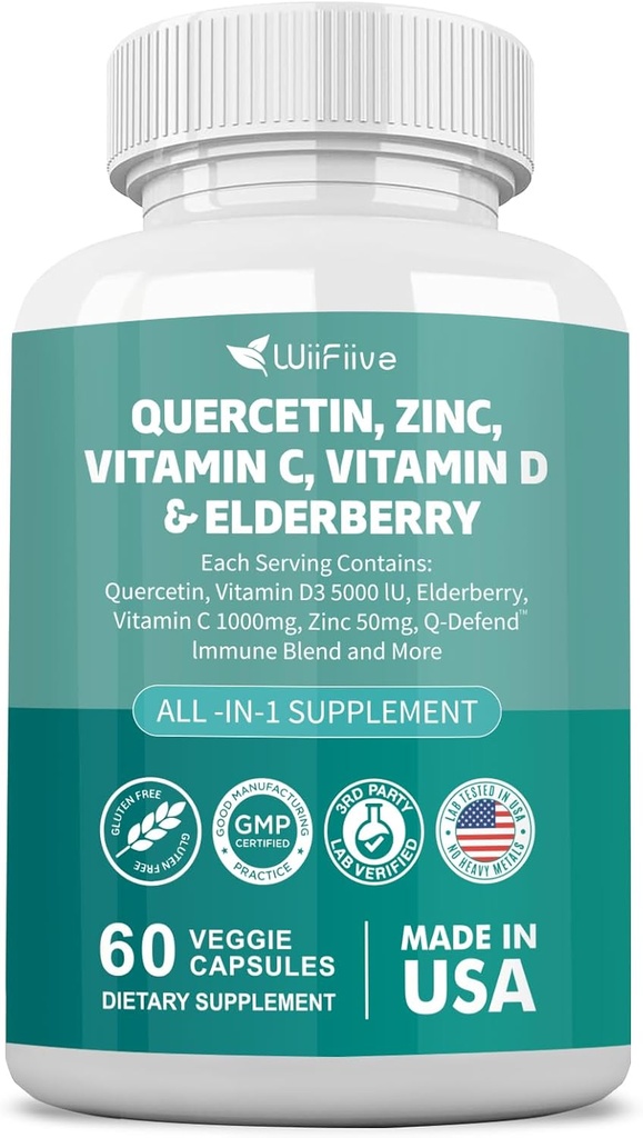 60 Conte Quercetin 50 mg Zinc 1000 mg Vitamina C 5000 IU Vitamina D3 1000 mg Turmeric 1000 mg Elderberry con Q-Defend Immune Blend Reisshi Nettle Arteemisinina, Non OGM, Supporti Gratis Salute