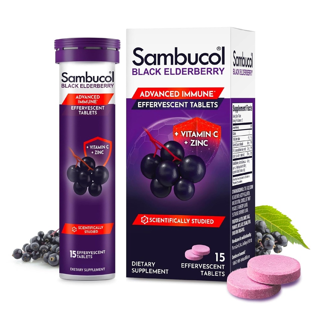 Sambucol Black Elderberry Effervescent Tablets - Elderberry con Zinco e Vitamina C per Adulti, Tabelle dissolvente di sambuco, Bacche - 15 Conte