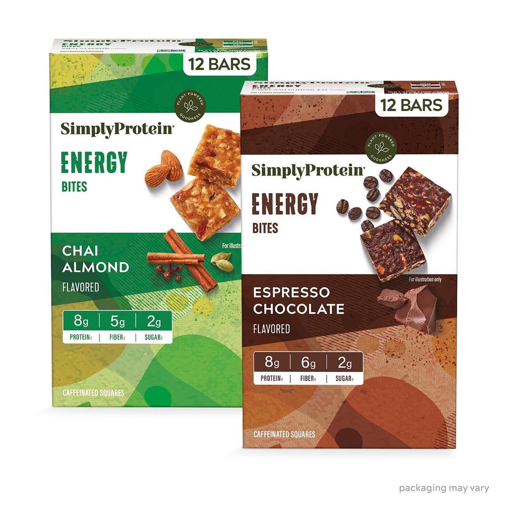 Semplicemente Proteine - Energy Bites Variety Pack, 24 Bars - Piante Caffeinated Squares - Caffeina 55mg - Energy Boost - 8g Protein, 2g Zucchero, 5-6g Fibra, 120-130 Calorie - Vegan, Gluten Free, Non OGM
