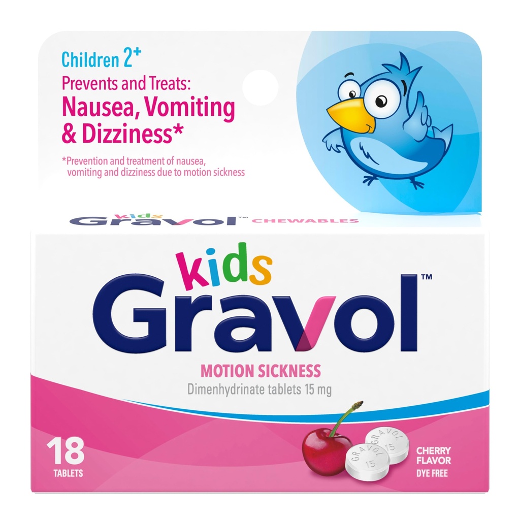 Gravol Kids Chewable Tablets per Nausea, Upset Stomach e Motion Sickness Relief, Dye Free, Cherry Flavor, Età da 2 a 12, 18ct