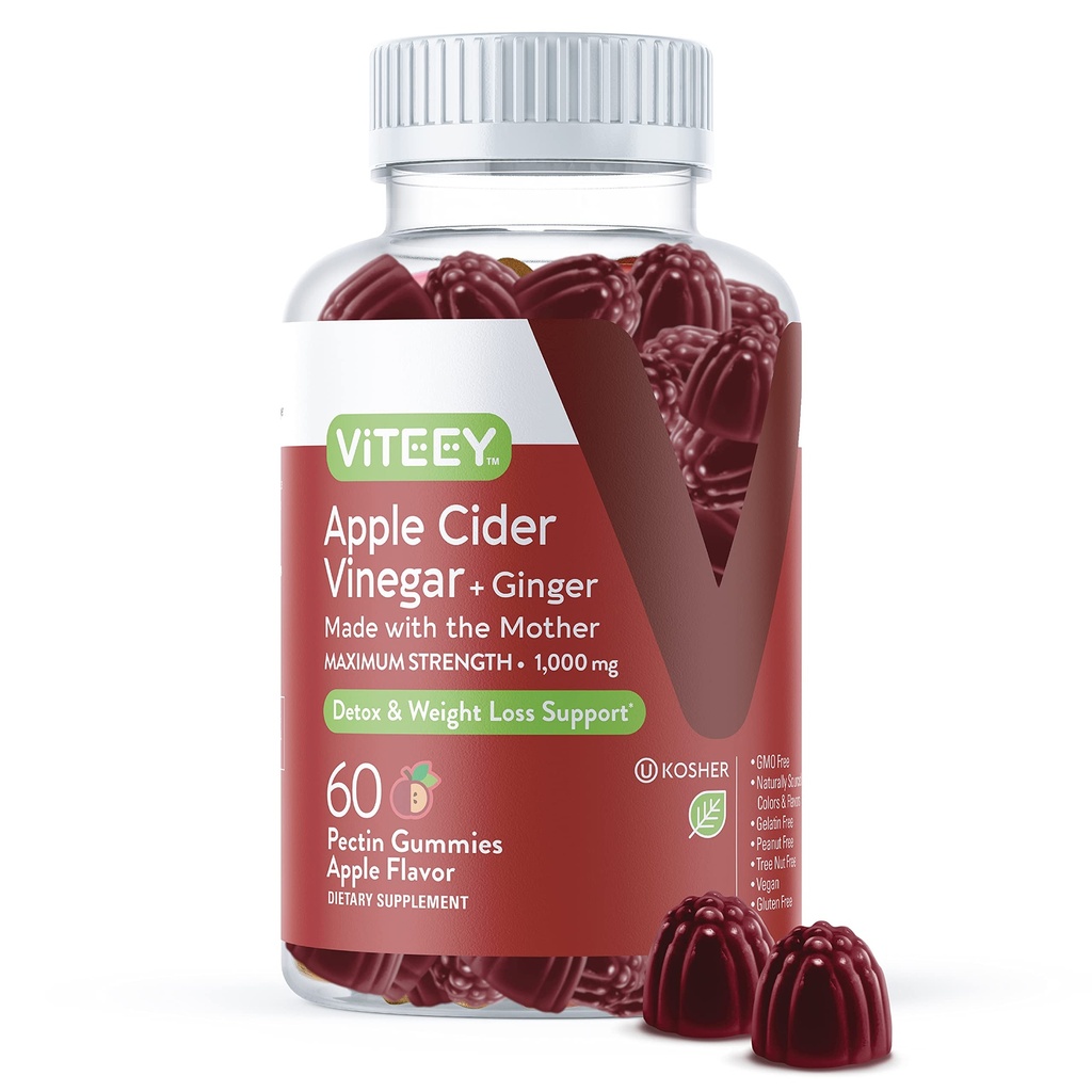 Viteey Apple Cider Vinegar Gummies e Ginger – 1000 mg ACV Gummies per perdita di peso, disintossicazione e digestione – Vegan, senza glutine – 60 Conte