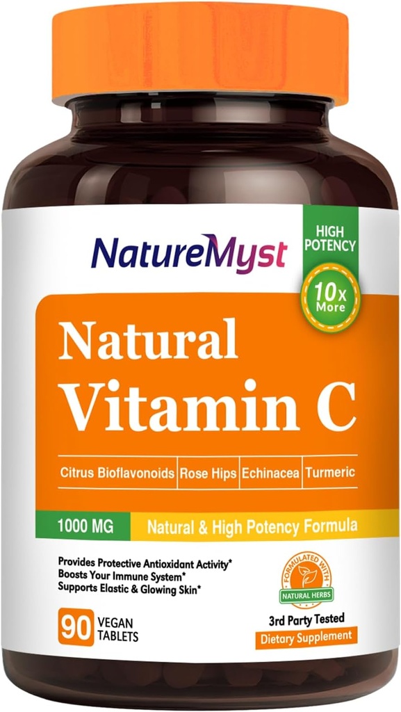 Vitamina C Tablet, 1000 mg, Forma Naturale, Alta Potenza, Citrus Bioflavonoidi, Rosa Hip, Echinacea & Turmeric, Immune & Skin Health, 90 compresse vegane