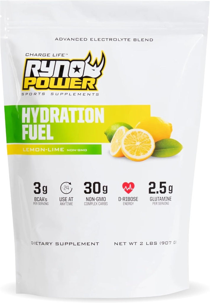 Ryno Power Hydration Fuel Electrolyte Drink Mix 2lb (20 Serve) 'Lemon Lime' - Advanced Electrolyte Formula + BCAA's - Gluten Free - Sostenuto Energy and Muscle Recovery