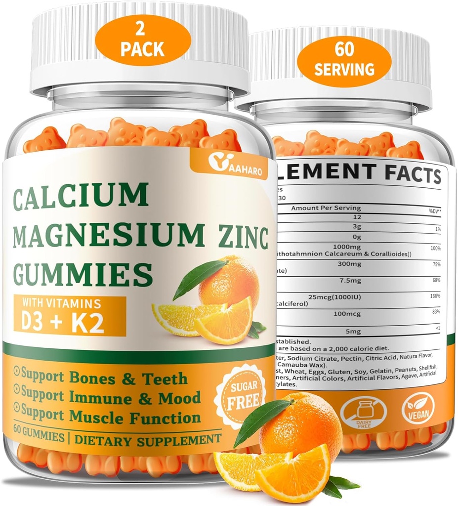 (2 Pack) Calcium Magnesium Zinc Gummies con Vitamina D3 & K2 - Zucchero Calcium Gummies per Donne e Uomini - Bone & Supporto Immune - Non OGM, Senza Glutine, Arancio aromatizzato - 120 Conte