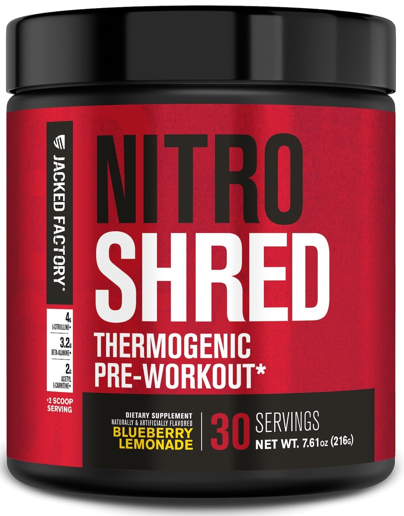 Jacked Factory NITROSURGE Shred Pre Workout Supplement - Energy Booster, Gains Instant Strength, Sharp Focus, Pompe potenti - Nitric Oxide Booster & PreWorkout Powder - 30Sv, Blueberry Lemonade