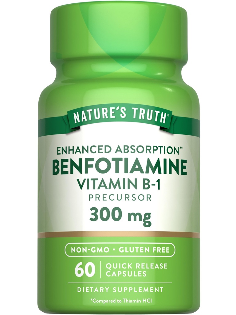 La verità della natura Benfotiamine | 300mg | 60 Count | Non OGM e Gluten Supplemento gratuito | Vitamina B1 Precursor