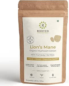Polvere dell'estratto del mushroom del mushroom dei leoni di attivi del ROOTED USDA Organic, 38% della beta verificata Glucans| Cognizione, Clarity, Focus & Mood, supporto della salute del cervello (4.23 oncia)