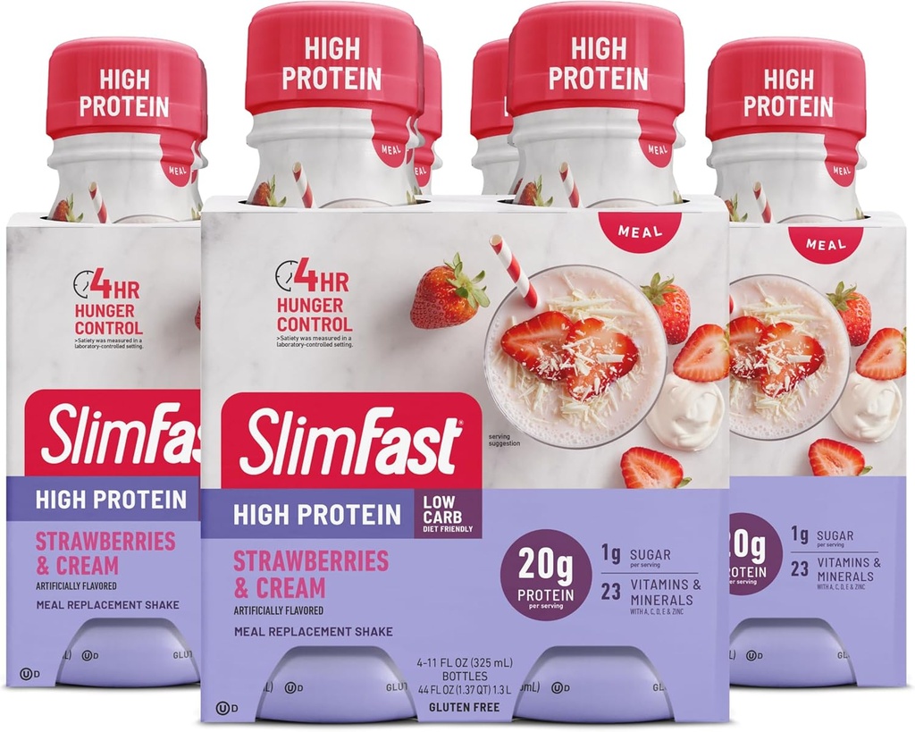 SlimFast Advanced Nutrition Meal Sostituzione Protein Shake - Pronti a Bere, Rosa, Fragole & Crema, 4 Bottiglie (Pack of 3)