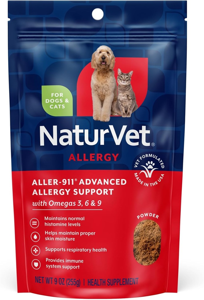 NaturVet Aller-911 Advanced Allergy Aid Formula Powder Plus Antiossidanti per cani e gatti, Polvere da 9 oz, fatta negli Stati Uniti