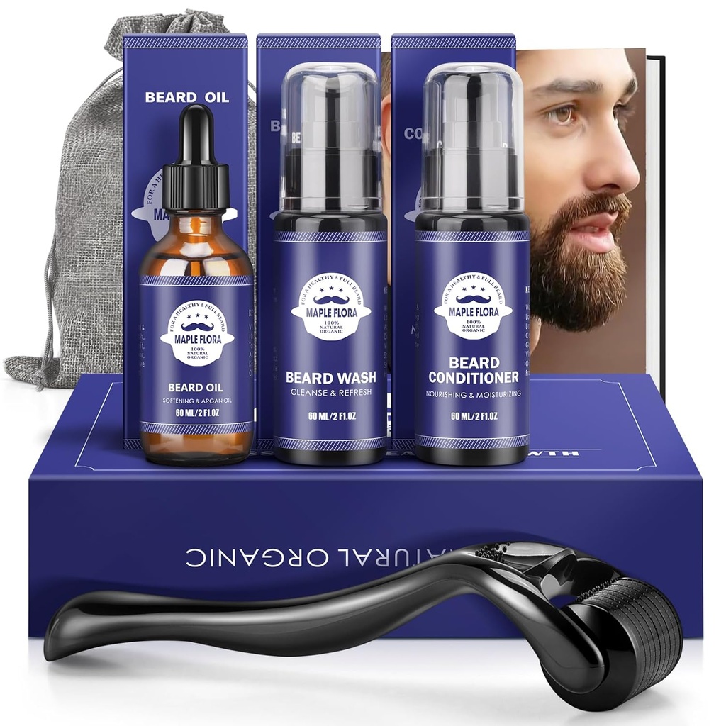 Kit regalo Beard - olio, pancetta, condizionatore, rullo (lunghezza del piede: 0.25mm) per il cuscinetto, borsa di stoccaggio, regali di fiori set per i padri del marito del ragazzo