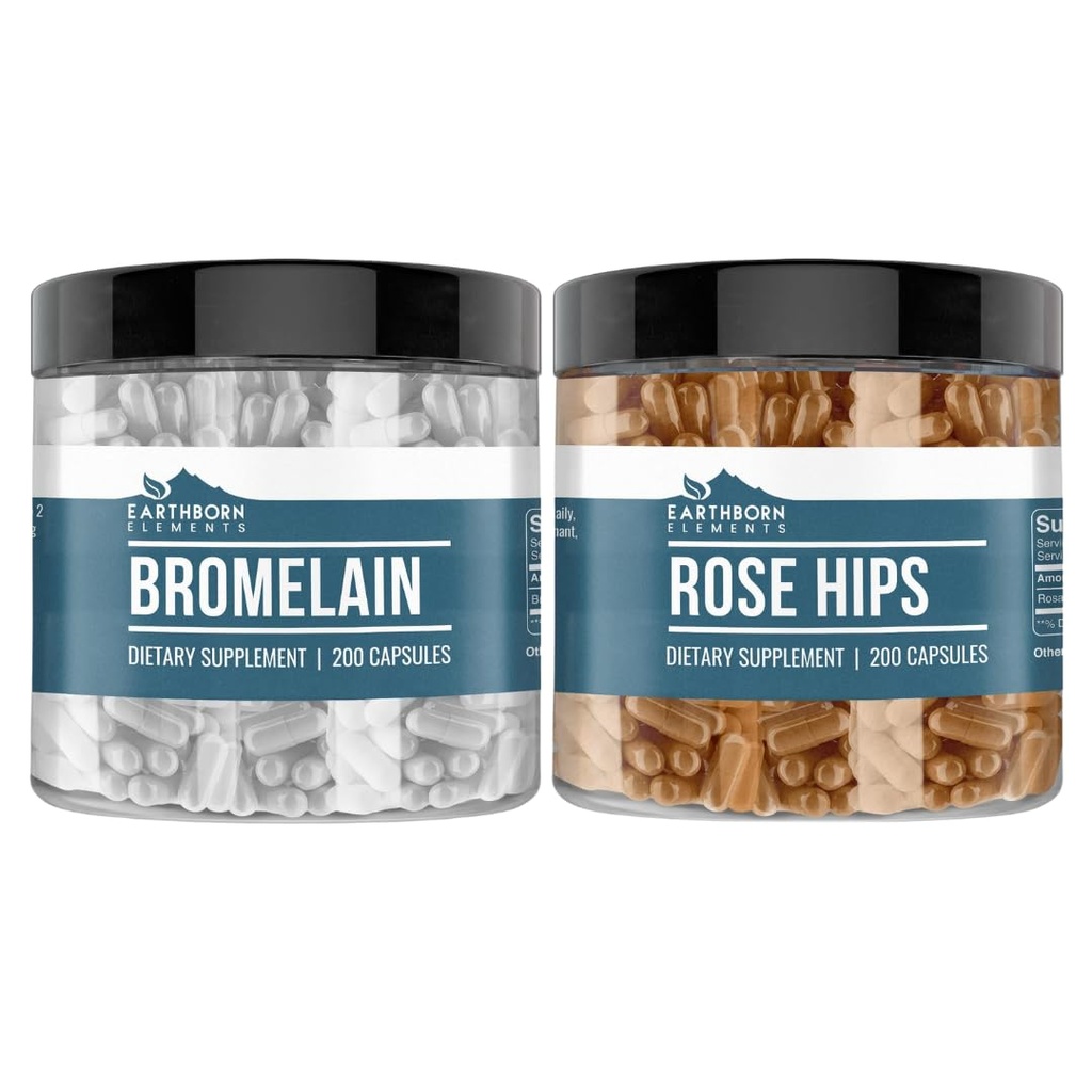 Elementi terrestri Rose HIPS & Bromelain Capsule Bundle (200 capsule ciascuna), Pure & Undiluted, Nessun Additivi