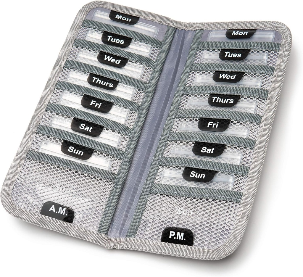 AM/PM Bi-Folding Pill Organizer + Supplemento Caso per OTC Medicina, Prescrizione + Vitamine - 14 Etichettato lunedì-domenica Slide Lock Pouches, Grey Travel Pill Case