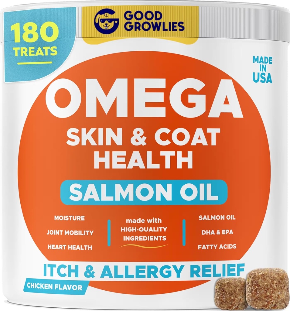 Omega 3 Alaskan Fish Oil Treats for Dogs (180 Ct) - Dry&Itchy Skin + Allergy - Shiny Coats - EPA&DHA Acidi grassi - Natural Salmon Oil Chews - Pollo Turchia