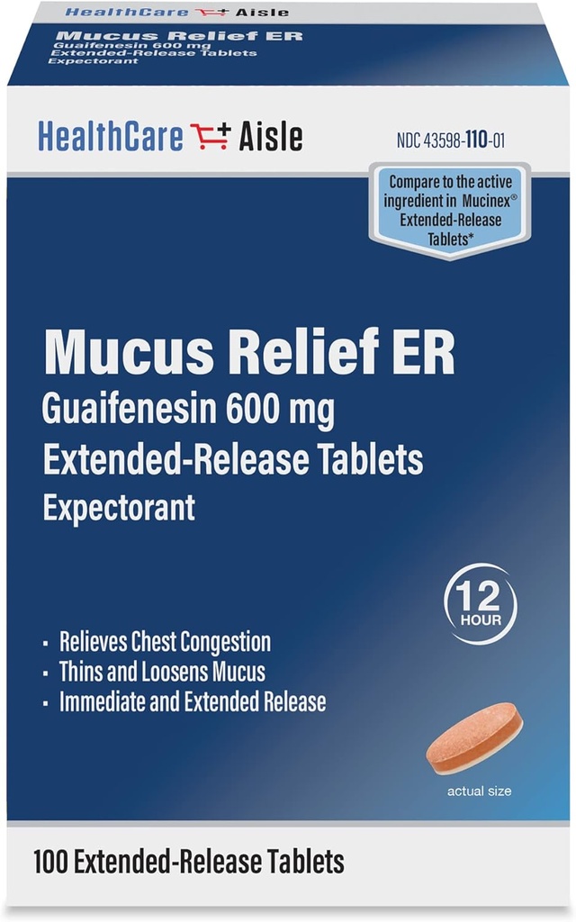 HealthCareAisle Guaifenesin 600 mg Extended Release - 100 compresse - Mucus Relief Expectorant for Chest Congestion Relief