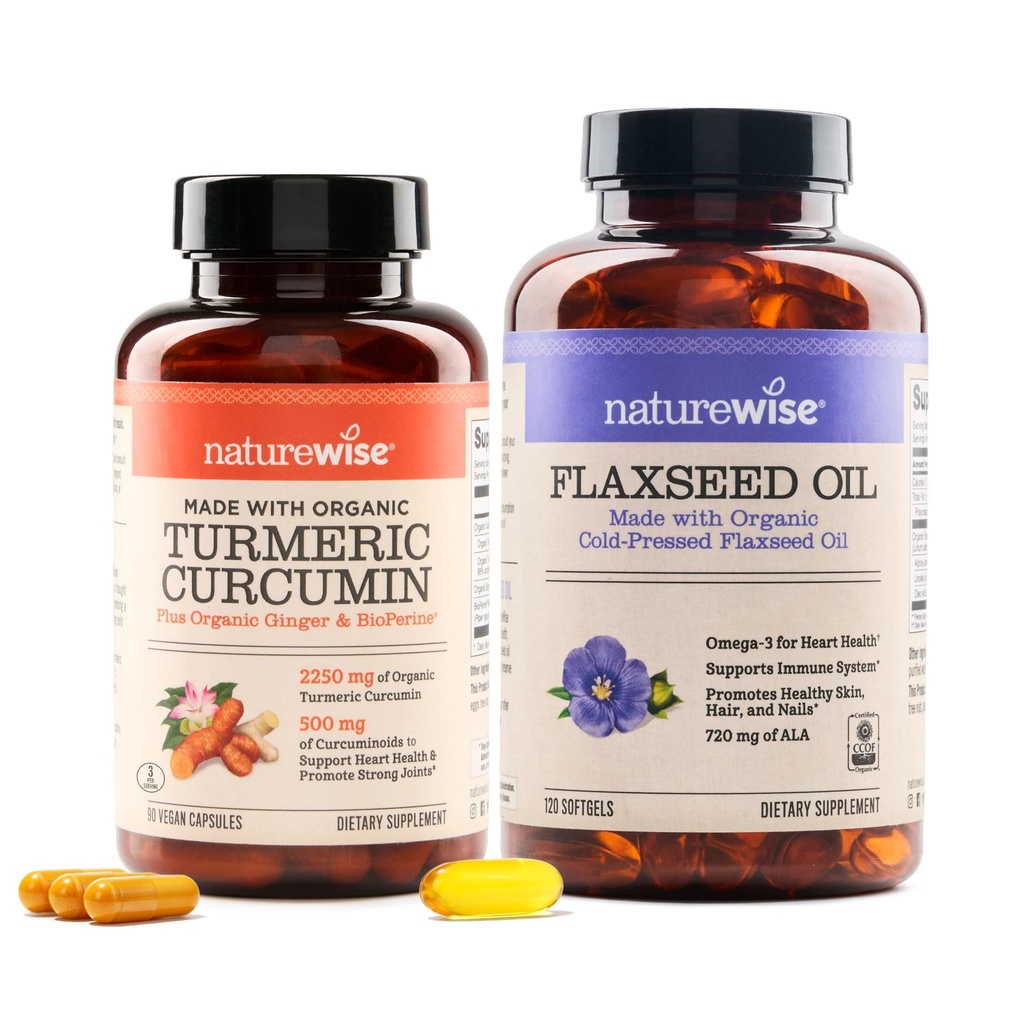 NaturalWise Curcumin Turmeric 2250mg & Flaxseed Oil 1200mg Omega 3 6 9 Softgels per Joint, Heart & Immune Support [1 & 2 Mese di alimentazione]