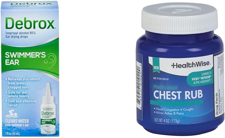 Gocce d'orecchio di Debrox Swimmer, 1 Fl Oz e HealthWise Medicated Chest Rub, 4 oz. Bundle
