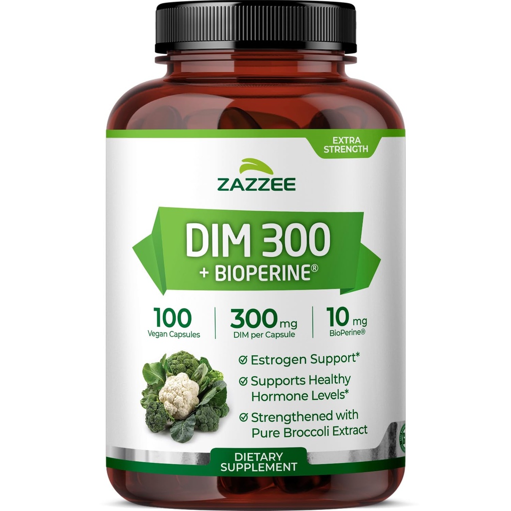 Zazzee DIM 300 mg Per Capsule, 100 Count, Plus 10 mg BioPerine, Estrogen Balance, Acne ormonale, Supporto di menopausa, Equilibrio ormonale, Diindolylmethane, Vegan, All-Natural, Non-OGM, Made in USA
