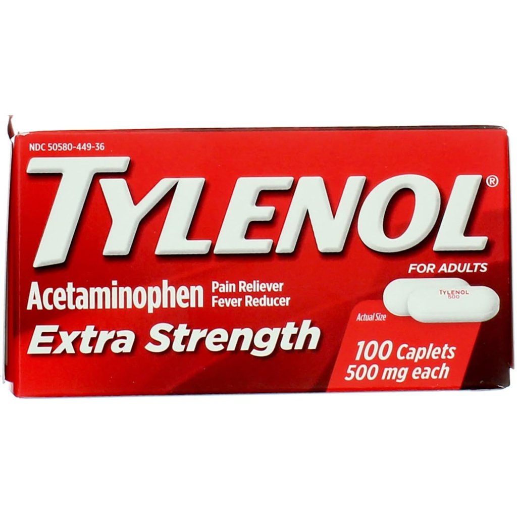 Tylenol Caplets Extra Forza con 500 mg Acetaminophen, Riduttore di dolore & Fever, 100 ct