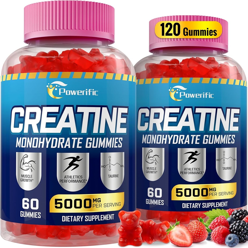 Gummie monoidrate di creatina per uomini e donne pre allenamento con taurina, vitamina B6 & B12 Creatina Monoidrato Masticabile per aumentare la resistenza, l'energia, l'eccedenza, il muscolo, organico (2 pacchetti)