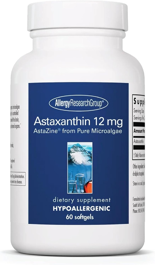 Allergy Research Group Astaxanthin 12mg Supplemento - da Microalgae Organico, Salute Occhiale, AstaZine Astaxanthin, Antiossidante Naturale, Salute Della Pelle, Supporto Funzione Del Cervello, Softgels - 60 Count