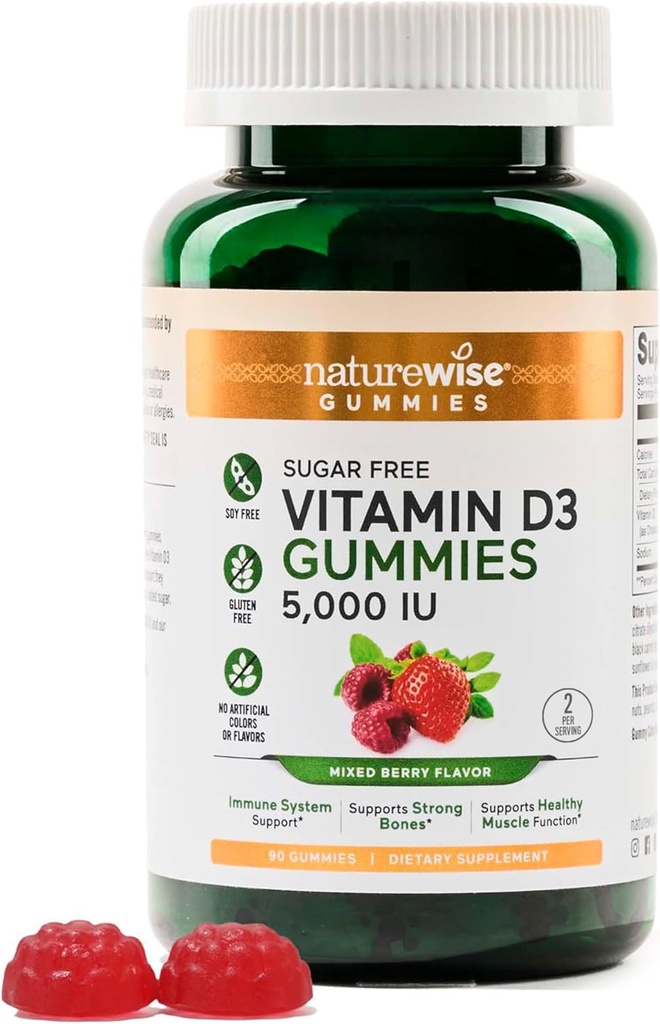 NatureWise Vitamin D3 5000 IU Gummies - Zucchero-Free Misto Berry Flavor - Vitamina D Gummies per Adulti, Supporta Immunità, Muscle & Bone Strength -Gelatin-Free, Non-GMO - 90 Gummies[45-Day Supply]