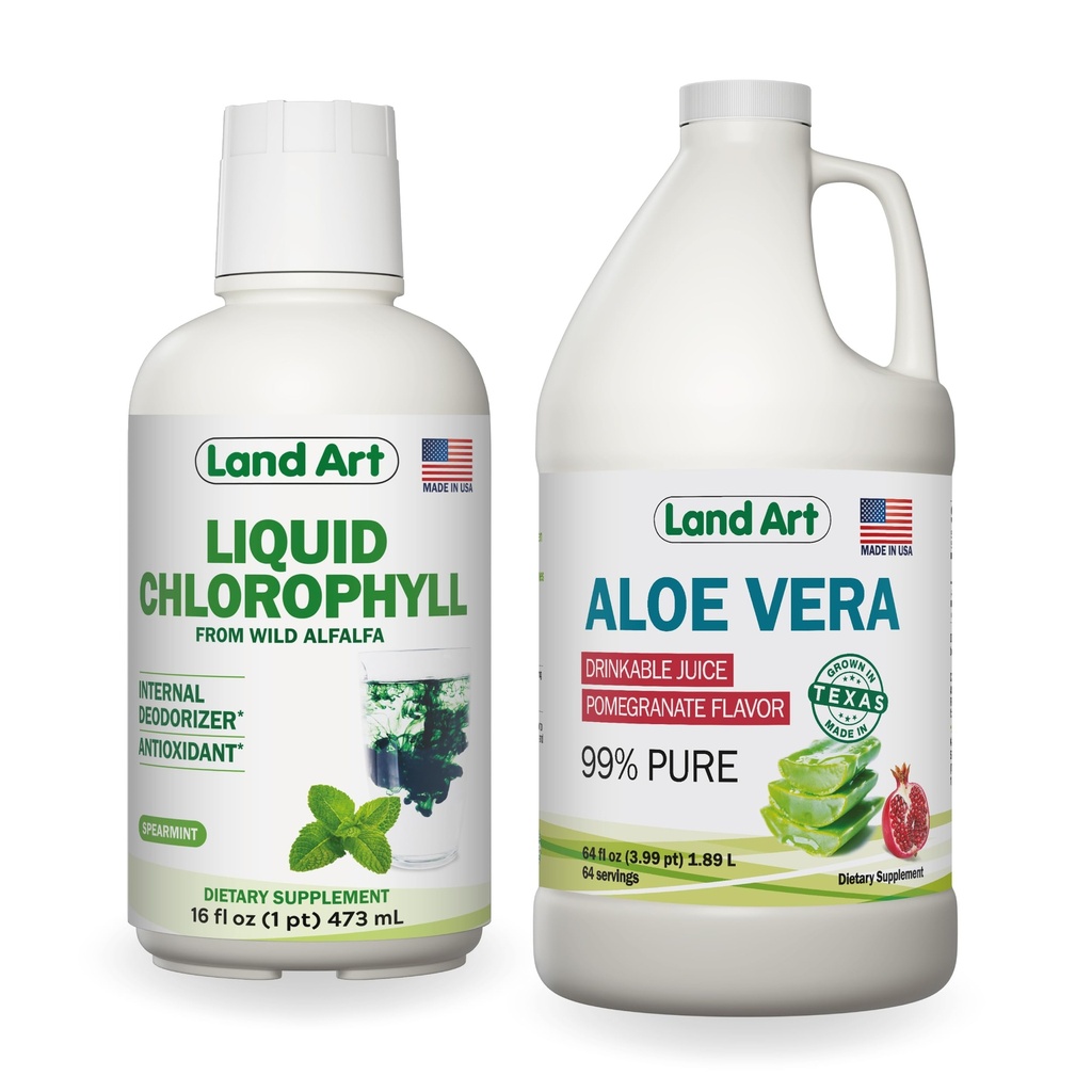 Land Art Aloe Vera Juice - Pomegranate Aromaed - Cold Processed - Inner Filet from Organic Fresh Leaves - 64floz + Liquid Chlorophyll Mint Flavored - Cold Extracted from Wild Non-GMO Alfalfa - 16floz