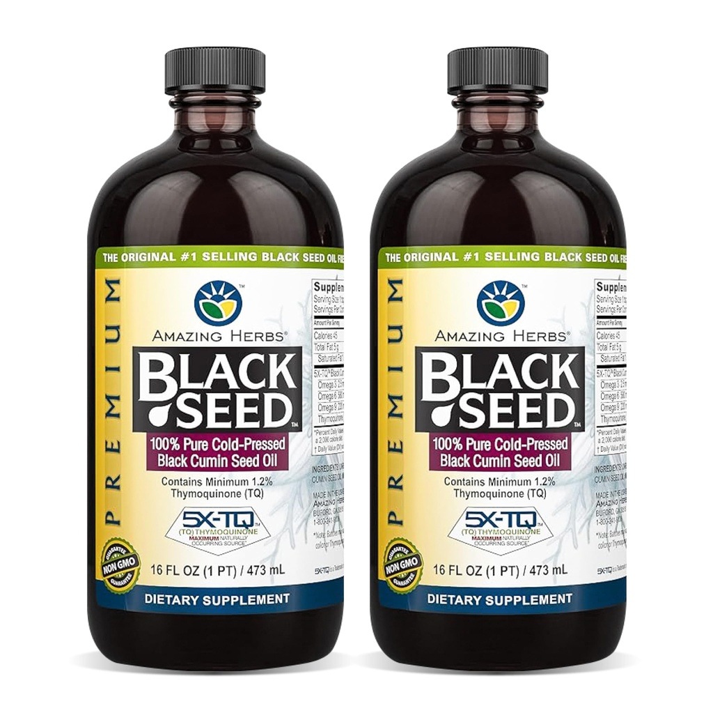 Amazing Herbs Premium Black Seed Oil - Gluten Free, Non OGM, Cold Pressed Nigella Sativa Aids in Digestive Health, Supporto immunitario, Funzione cerebrale - 16 Fl Oz (Pack of 2)