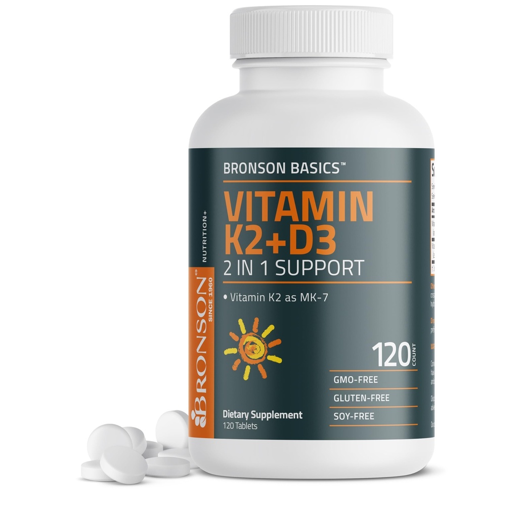 Bronson vitamina K2 D3 (MK7) Supplemento non OGM Formula Vitamina D3 5000IU (125 mcg) & 90 mcg K2 MK-7, Facile da ingoiare D & K Complex, 120 compresse