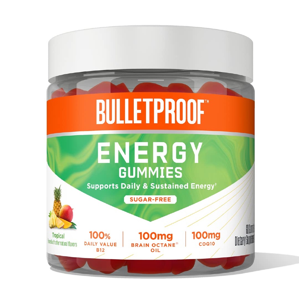 Gommie tropicali senza zucchero a prova di proiettile, 60 conteggio, supplemento per l'energia giornaliera e sostenuta con 100mg CoQ10, valore giornaliero di B12, olio di ottano di cervello 100mg