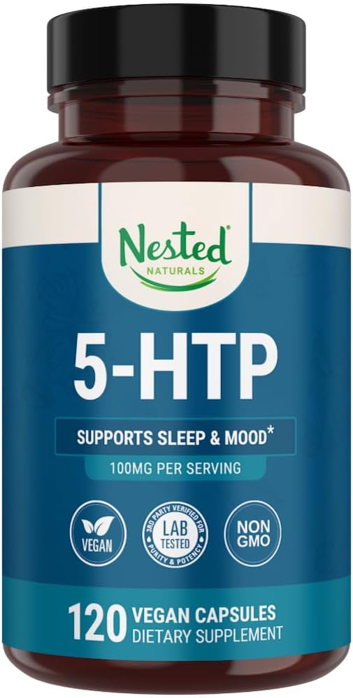Nested Naturals 5-HTP 100 mg (5-idrossitriptofano) - Supporto per sonno e umore - 5HTP Supplemento per Serotonina naturale - 120 Non OGM, capsule vegane