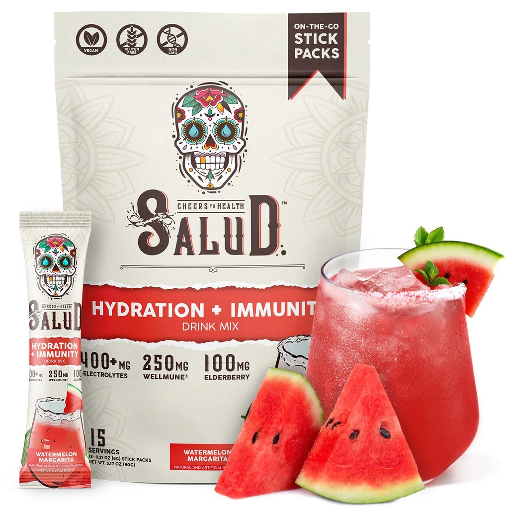 Salud 2-in-1 Idratazione e Immunity Electrolytes Powder, Watermelon Margarita - 15 Serve, Agua Fresca Drink Mix, Elderberry, Dairy & Soy Free, Non-GMO, Gluten Free, Vegan, Bassa Calorie, 1G Sugar