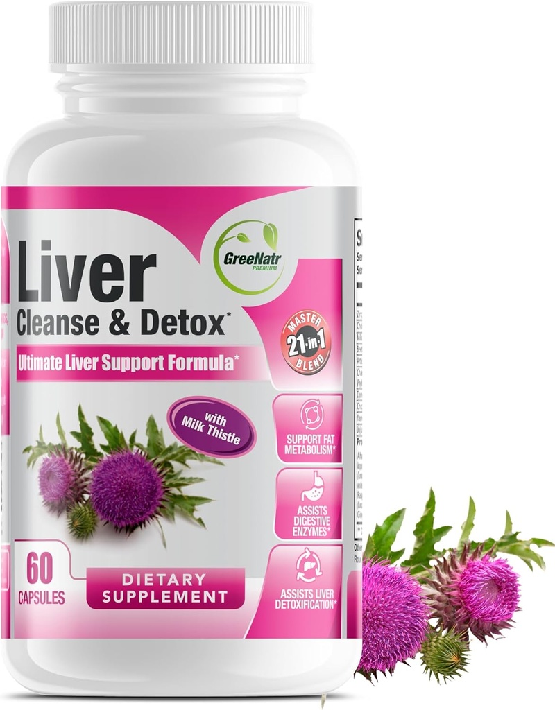 GreeNatr Liver Cleanse Detox & Repair Formula - Milk Thistle, Berberine, Ginger, Beet Root, Dandelion Root, Artichoke Extract, and Chanca Piedra for Optimal Liver Health Support (1 bottiglia)