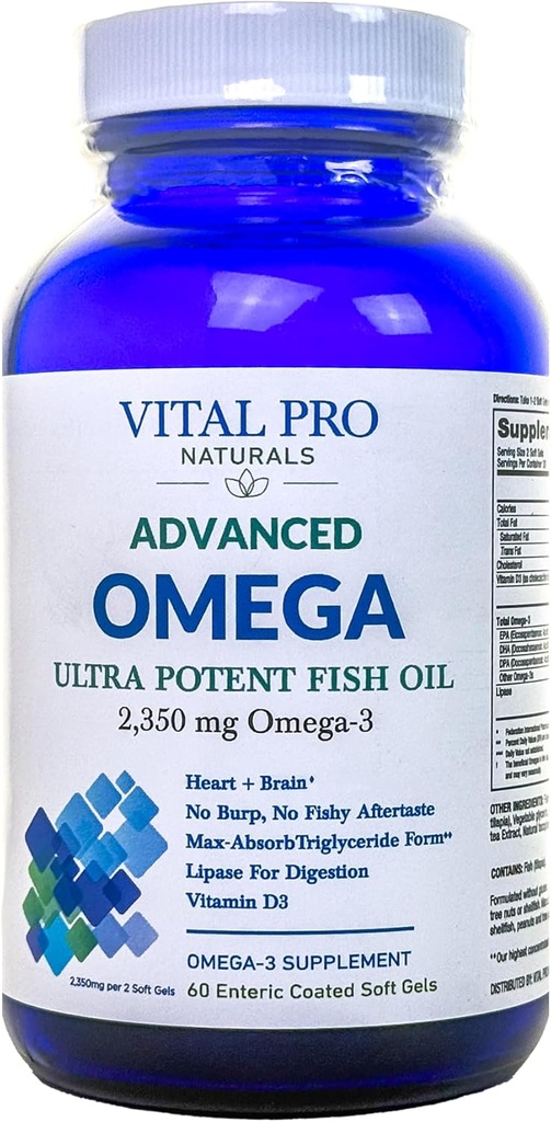 Vital Pro Naturals - Advanced Omega Wild Caught Norwegian Fish Oil con 2350mg di High Potency Omega 3 Fatty Acid Supplements EPA DHA e DPA per cervello e cuore 60 Softgels (Packaging May Vary)