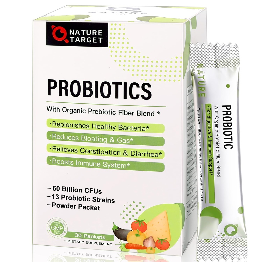 PRObiotici NATURA TARGET per polvere probiotica da donna-Men-Kids 60 miliardi di CFU 13 Strains - Prebiotici e Probiotici per la salute digestiva, Shelf Stable, Non-GMO, Gluten Free 30 Packets