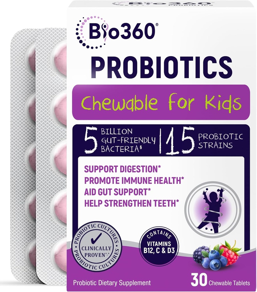 Bio360 Probiotici per bambini - 15 Strains & 5 miliardi di CFU Supporta il cervello, Immune & Digestive Health - Bambini Probiotici con Prebiotici Organici per Gut & Constipation, Misto Berry Flavor, 30 Conte