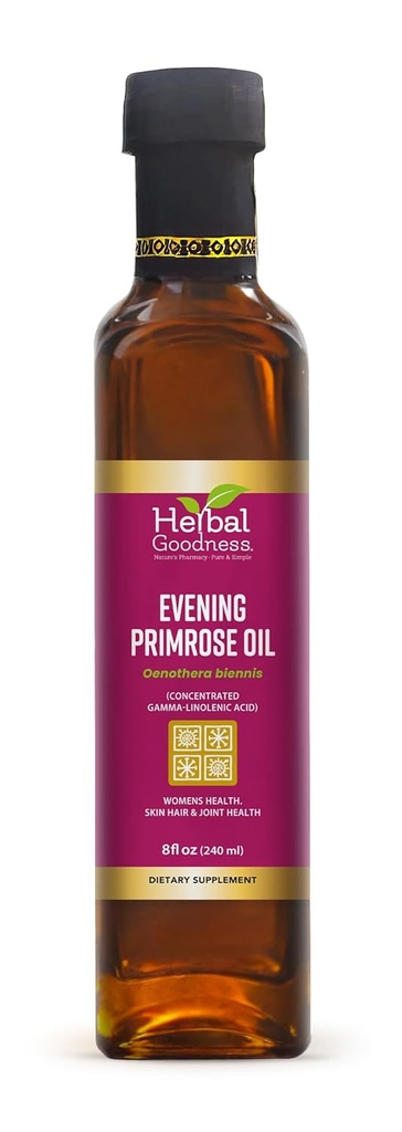 Herbal Goodness Evening Primrose Oil 8oz – Pressed a freddo, Alto GLA per l'equilibrio dell'ormone, Pelle, Capelli, Joint, & Heart Health Support – Pure, Non-OGM, Premium Supplement Oil | Bontà a base di erbe