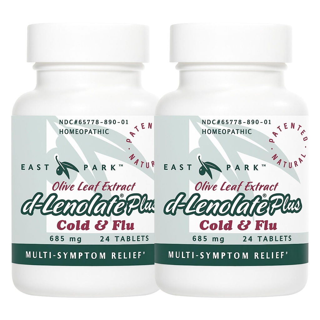 EAST PARK d-Lenolate Plus Cold & Flu Rimedio omeopatico per adulti e bambini | Sistema immunitario Booster con Estratto di foglie di oliva, Estratto di foglie di Neem & Echinacea | 625mg, 24 compresse | Non OGM (Pack of 2)