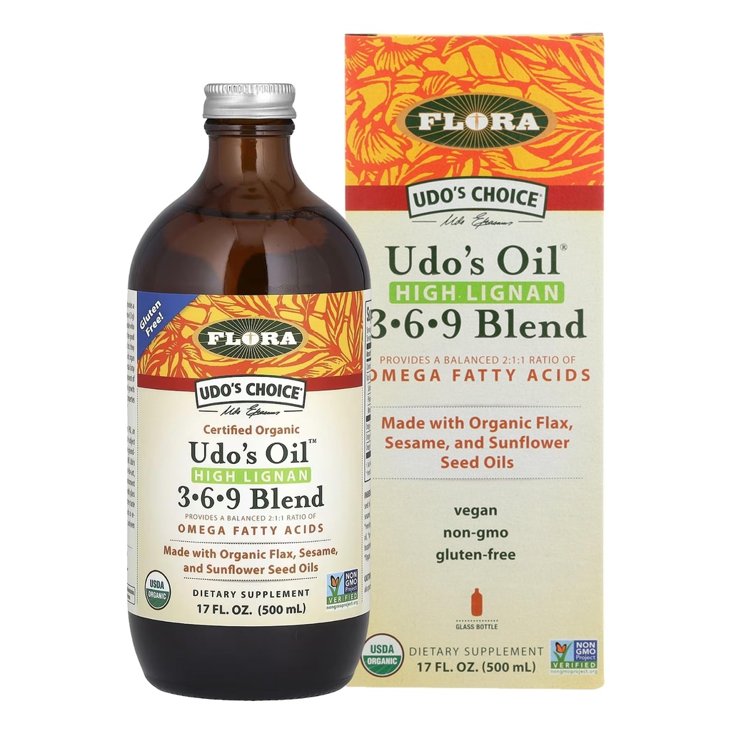 Flora - Udo's Choice High-Lignan 369 Omega Oil Blend, Udo's Oil Balanced 2:1:1 Ratio of Omega Fatty Acids, Made with Organic Flax, Sesame & Sunflower Seed Oils, 17-oz. Bottiglia di vetro