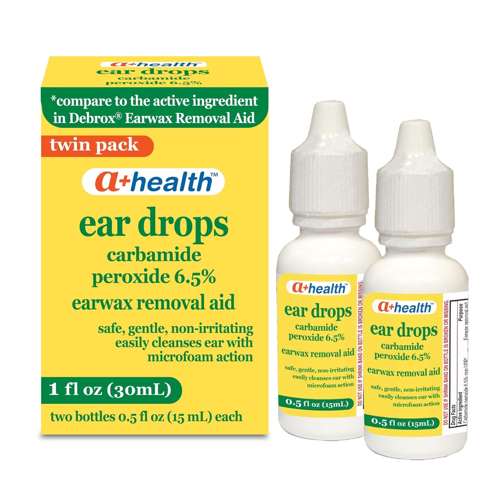 A+Health Earwax Gocce di rimozione, Carbamide Peroxide 6.5%, Made in USA, Twin Pack, 1 fl Ounce(Due bottiglie da 0,5 fl oz)
