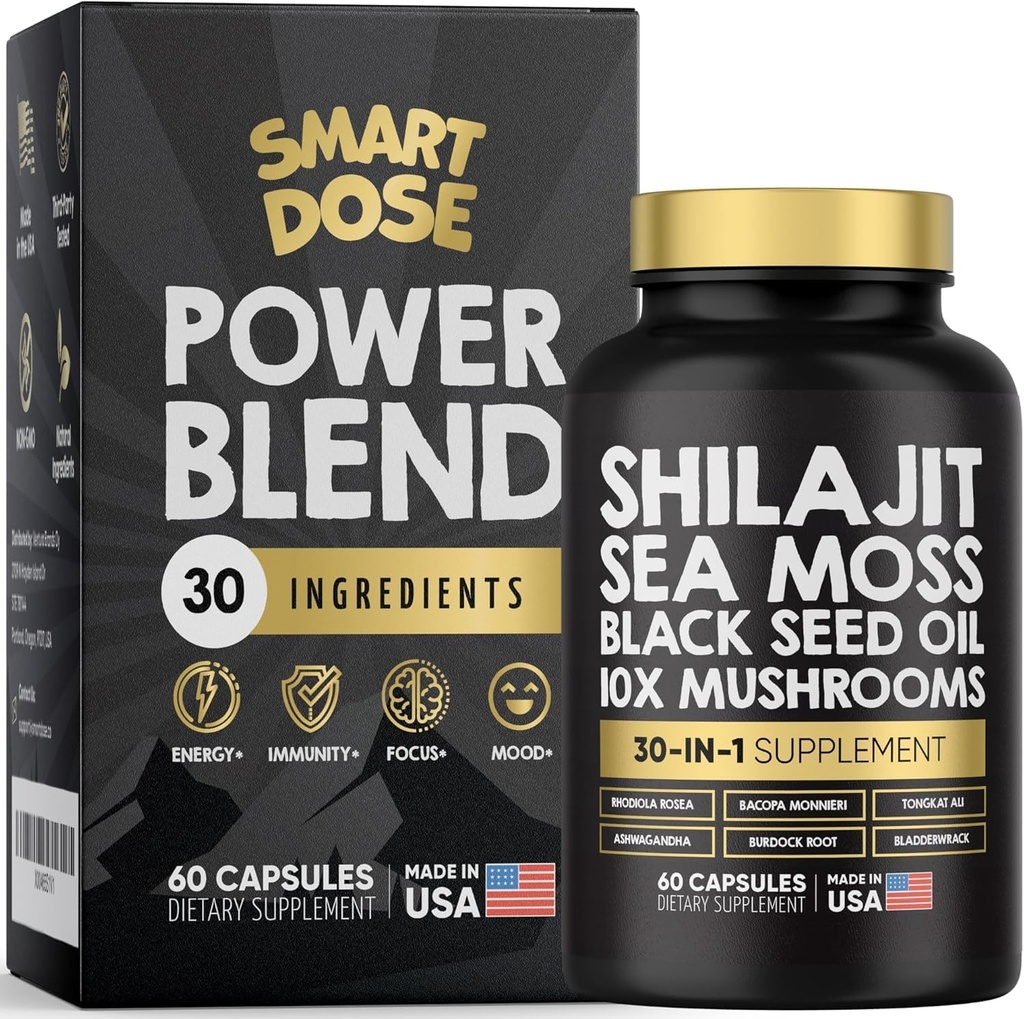 Capsule di miscela di energia - 30-in-1 Supplemento Bundle con Shilajit 6000mg, Sea Moss 4000mg, Black Seed Oil 4000mg, Ashwagandha 2000mg, 10x Mushrooms, Tongkat Ali, Maca, Pillole olistiche Combo