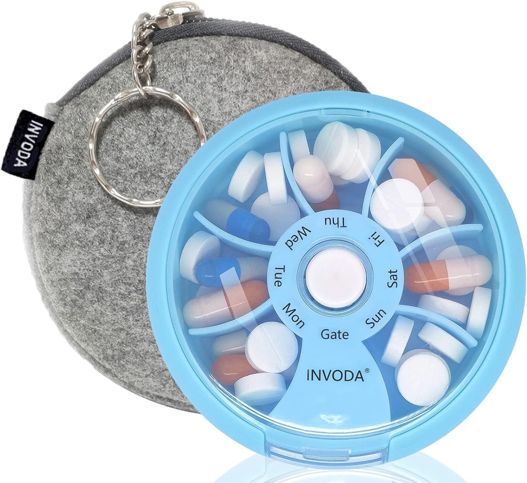 Organizzatore di pillole settimanali INVODA 7 scomparti scatola di pillole rotanti per il quotidiano di farmaci e vitamine - il caso di pillole di viaggio portatile Pesce olio completa l'organizzatore di vitamine (Blue+Bag)
