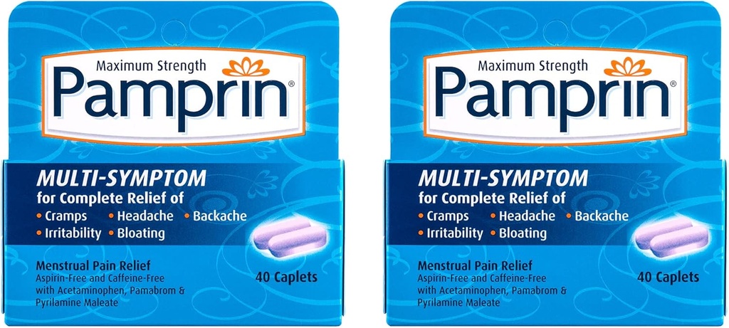 Pamprin Multi-Symptom Formula, con Acetaminophen, Sintomi di periodo mestruale Rilievo compresi Cramps, Dolore, Irritabilità e Bloating, 40 Caplets (Pack of 2)