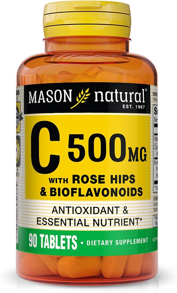 MASON NATURAL Vitamina C 500 mg, con Rose HIPS & Bioflavonoidi, Supporto Immune & Antiossidante Formula, 90 compresse