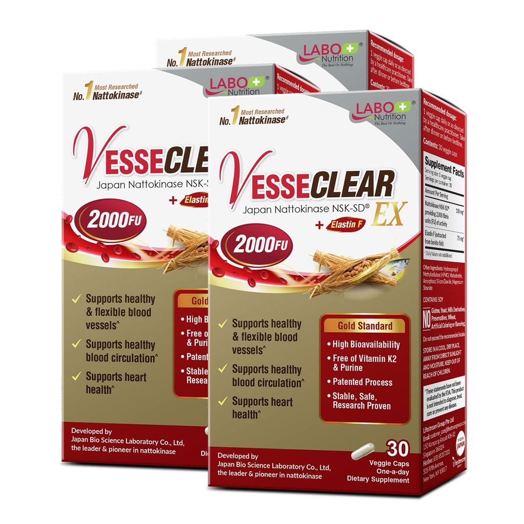 LABO Nutrition VesseCLEAR EX: Nattokinase NSK-SD+Elastin F per il vaso sanguigno pulito e flessibile.