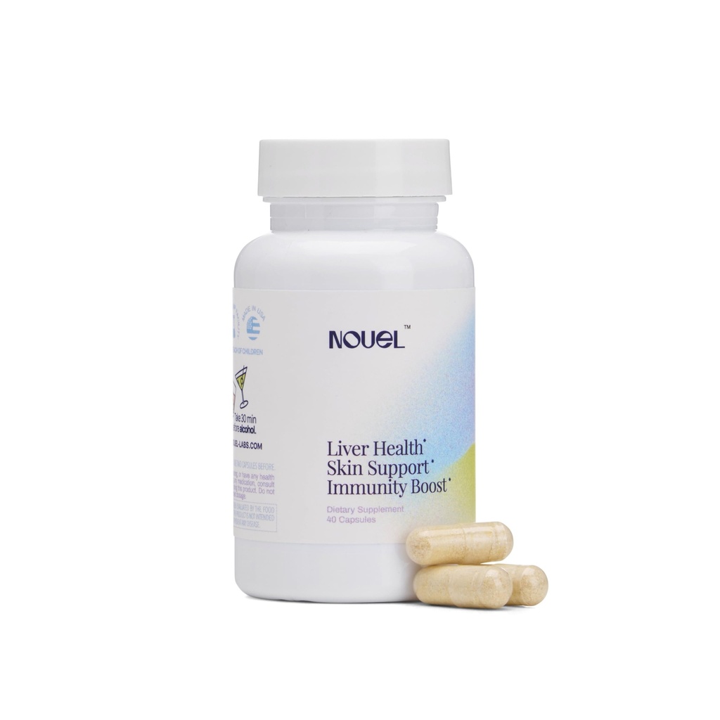 Nouel | Skin + Liver + Immunity Support | Supplemento di recupero per bere | Milk Thistle, NAC, Acido ialuronico, CoQ10, Biotina, Antiossidanti | 40 capsule