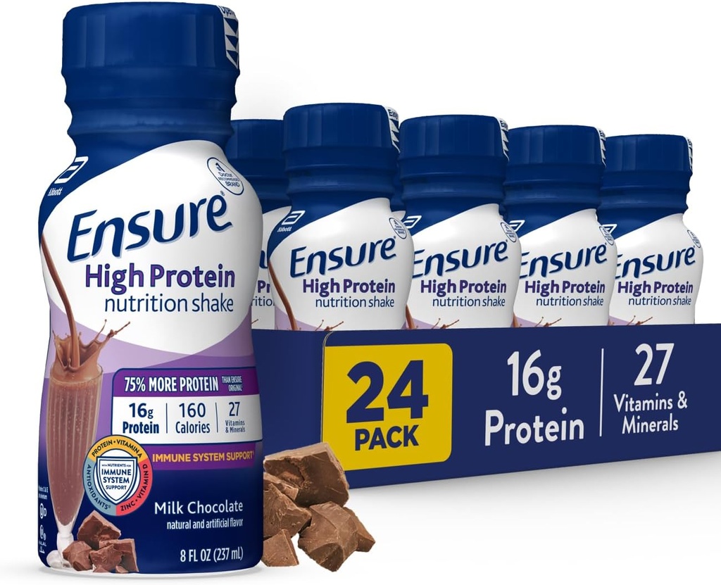 Assicurare la Shake di Nutrizione di Cioccolato di latte ad alta proteina, Pronta a Bere, 16g Proteine e 27 Vitamine e Minerali, 8 fl oz, 24 Pack