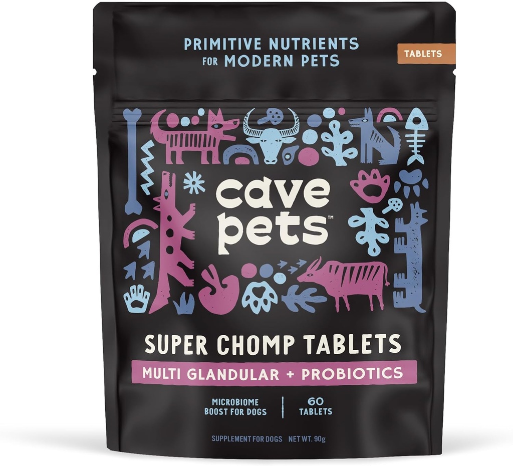 Animali da grotta, Compresse Super Chomp, Supplemento Probiotico Cane per la salute digestiva, Multi-Glandular & Probiotics, 60 compresse